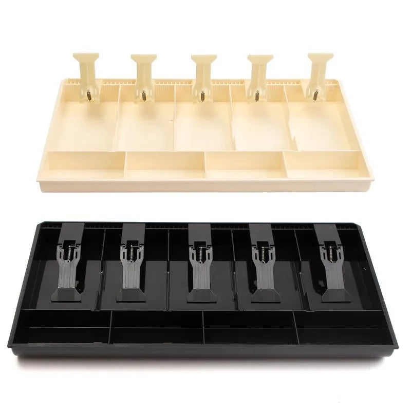 Black and white ABS plastic cash register box with five drawers for banknotes and coins.