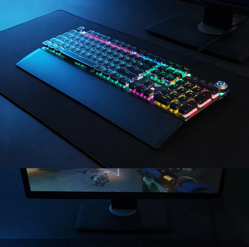 F2088 wired USB mechanical keyboard in black and cyan blue with hand rest on desk