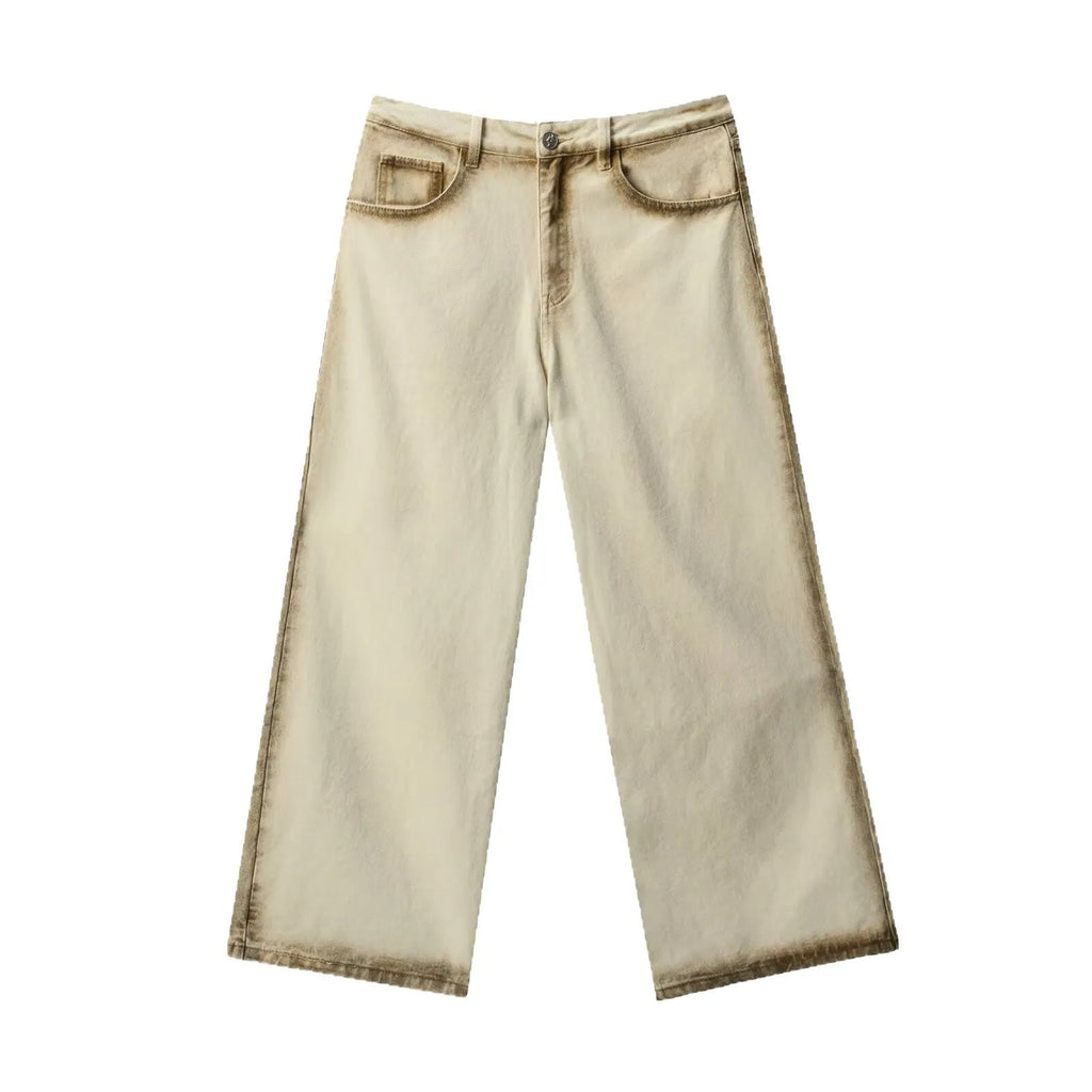 Loose straight retro street floor-length pants in beige cotton with wrinkle-free treatment, mid-rise waist, and loose leg