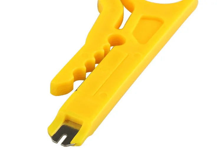Yellow mini portable wire stripper tool with snap-in metal blade for 0.6mm cables.