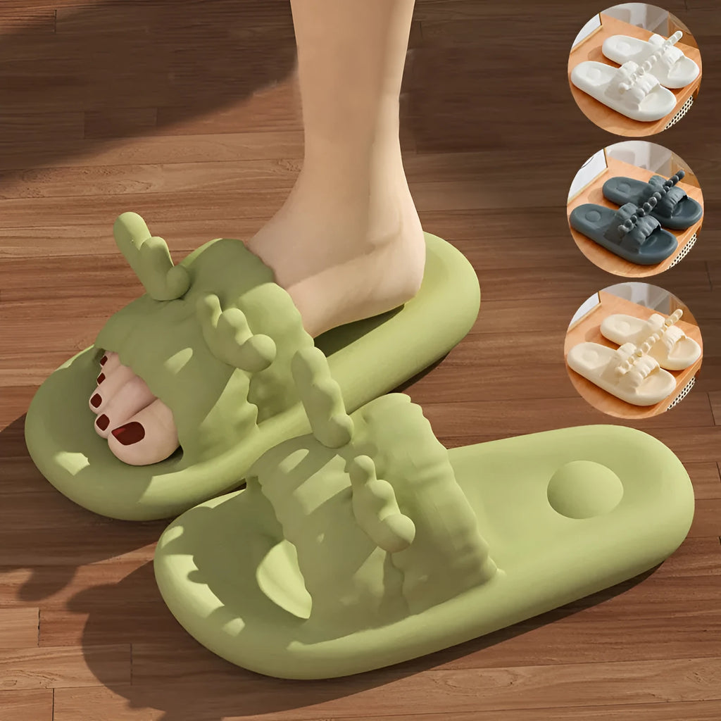 Deer horn design EVA flip flop slippers in light yellow, showing hollow out pattern and non-slip sole.