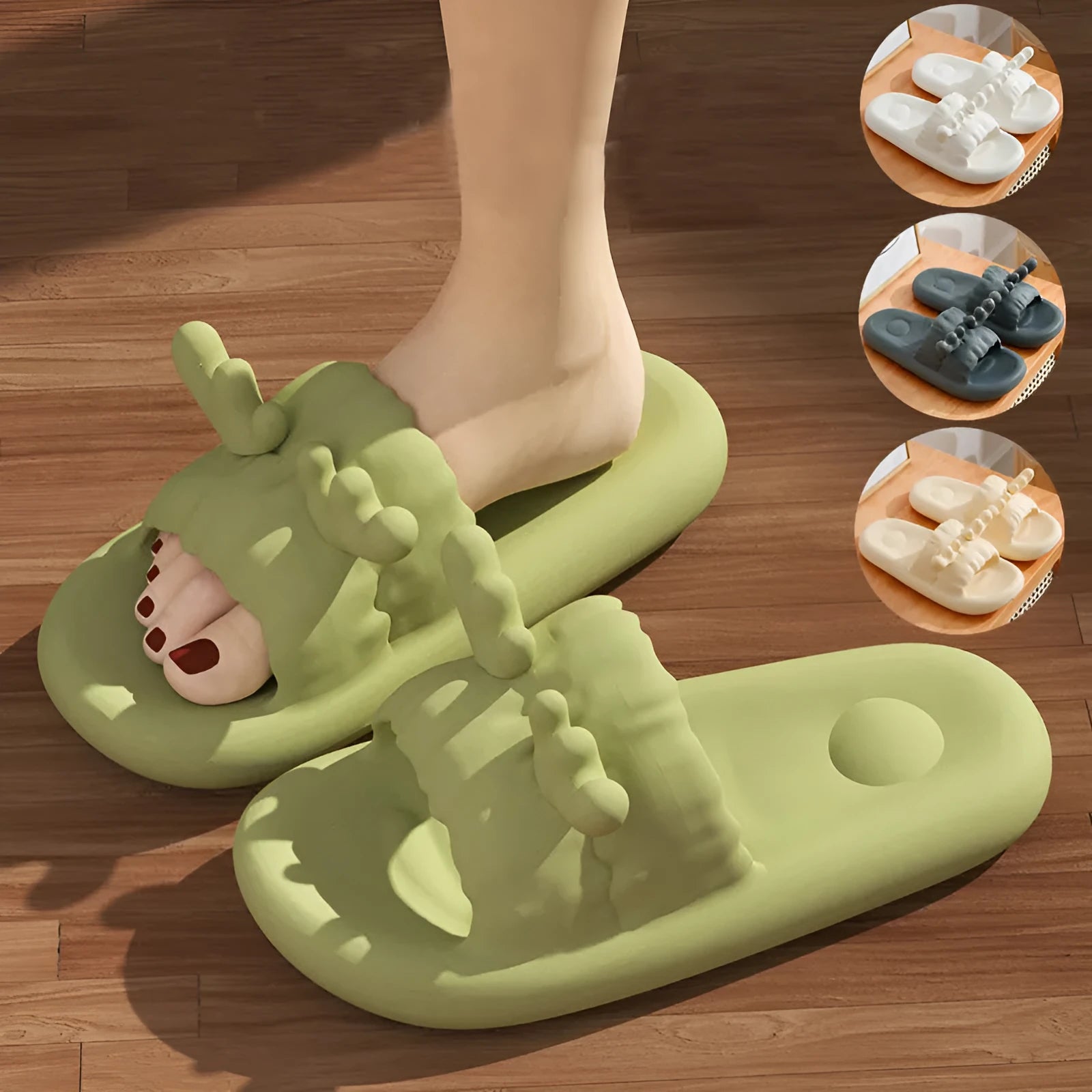 Deer horn design EVA flip flop slippers in light yellow, showing hollow out pattern and non-slip sole.