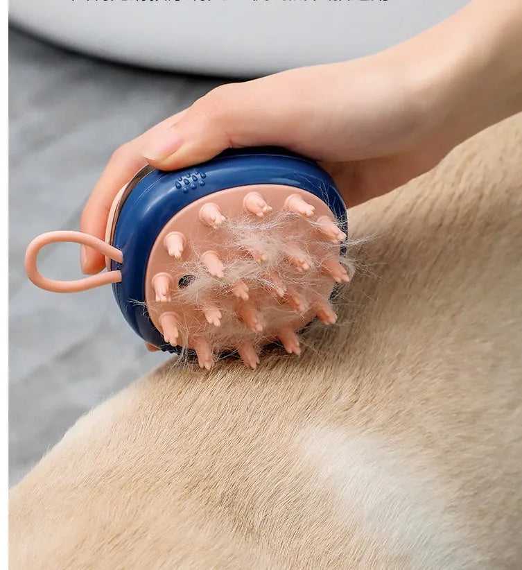 Blue pet bath brush with silicone bristles and shampoo dispenser in handle
