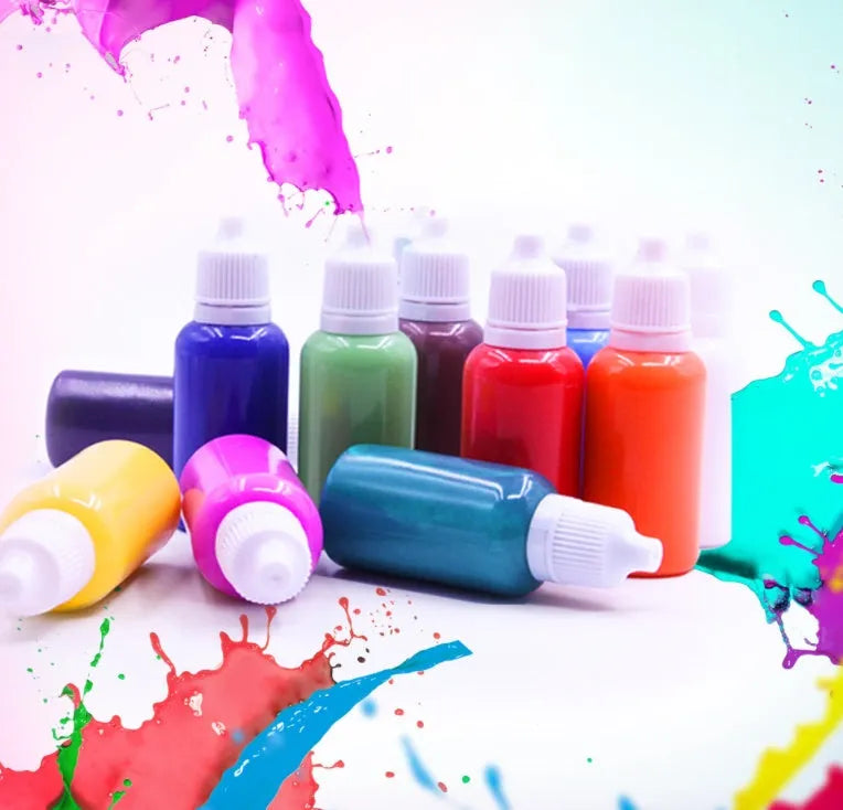 Hand painted floating painting educational kit with gouache liquid, pigment bottles, drawing paper, and stirring rods