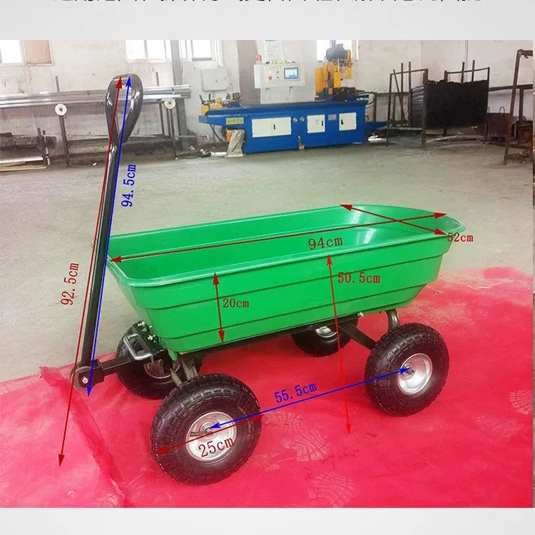 Green four-wheel plastic dump truck with a Steel PP body, model TC2145, for agricultural use.