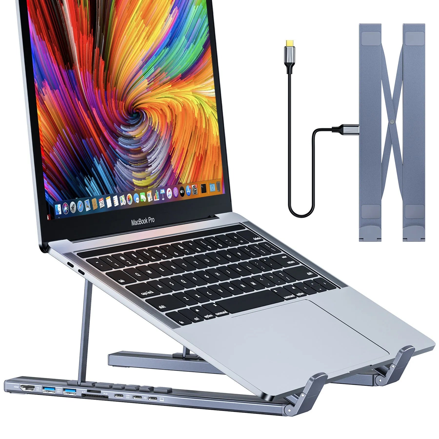 Folding aluminum alloy laptop stand with integrated 8-in-1 docking hub and HDMI ports.