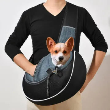 Portable crossbody pet carrier bag for dogs and cats, black, S size, Oxford material, with drawstring closure and zippered bottom