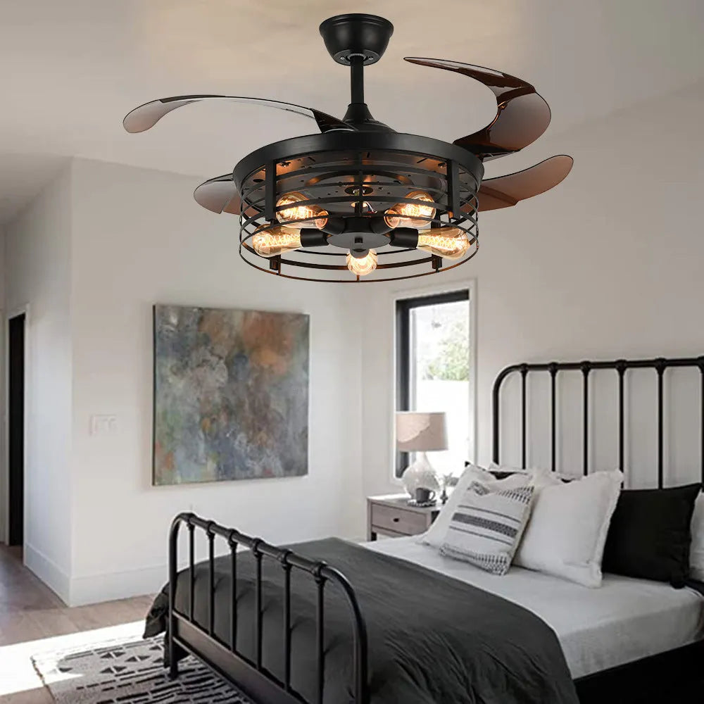 American retro-style ceiling fan lamp with retracted acrylic blades and integrated light shade, remote control on table.