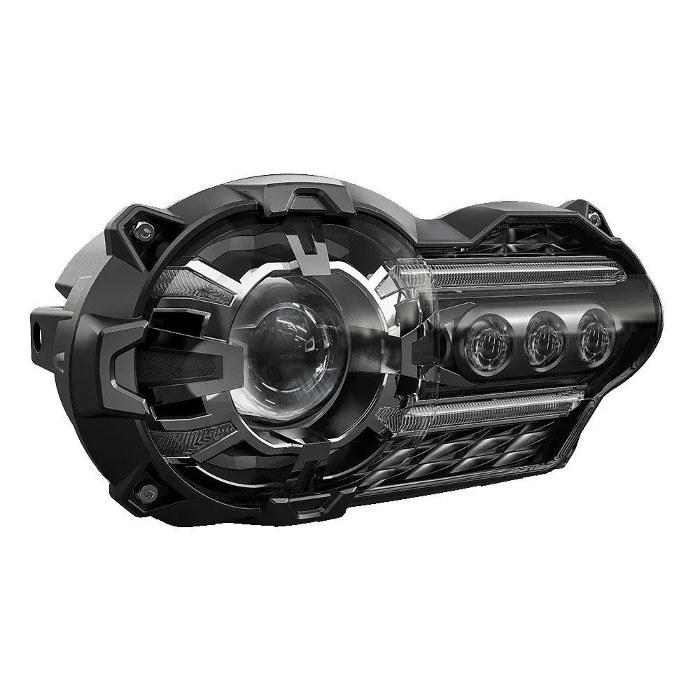 Black LED motorcycle headlight unit showing front lens and shell, with scale showing dimensions.