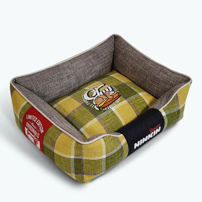 Dog pet cushion mat in red plaid, scratch and bite resistant, size options S M L, includes pet nest