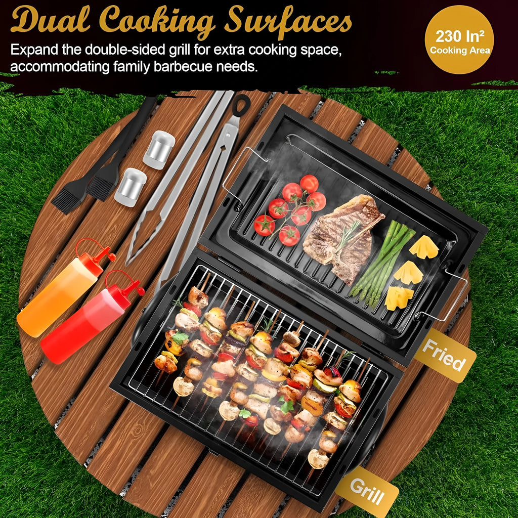 Small black folding desktop charcoal barbecue grill with a metal cooking grate.