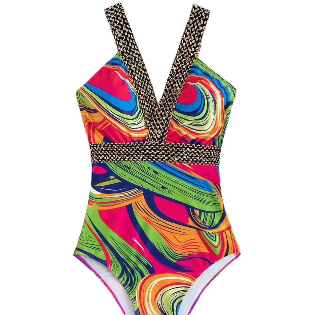 Women's deep V-neck one-piece swimsuit with spaghetti straps in polyester fabric