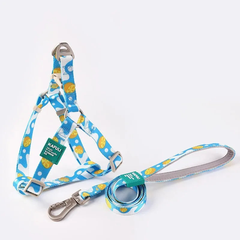 Blue dog haulage vest with integrated walking rope set showing chest strap and traction rope