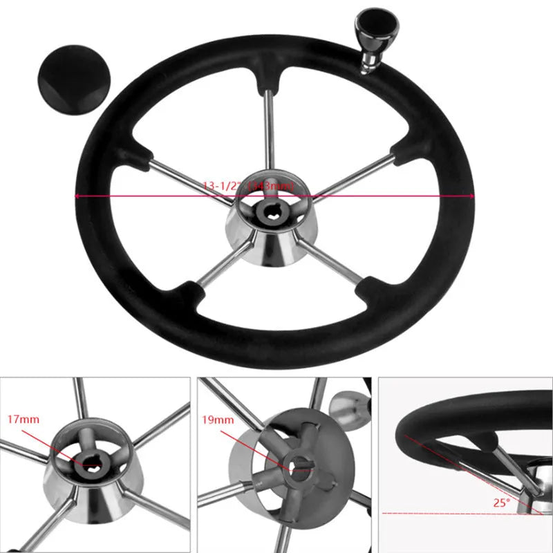 355mm 304 stainless steel marine steering wheel with black spoke design on white background