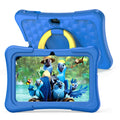 Blue 7-inch children's tablet with a silicone protective cover and a white rotating handle bracket attached.
