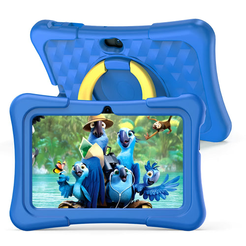 Blue 7-inch children's tablet with a silicone protective cover and a white rotating handle bracket attached.