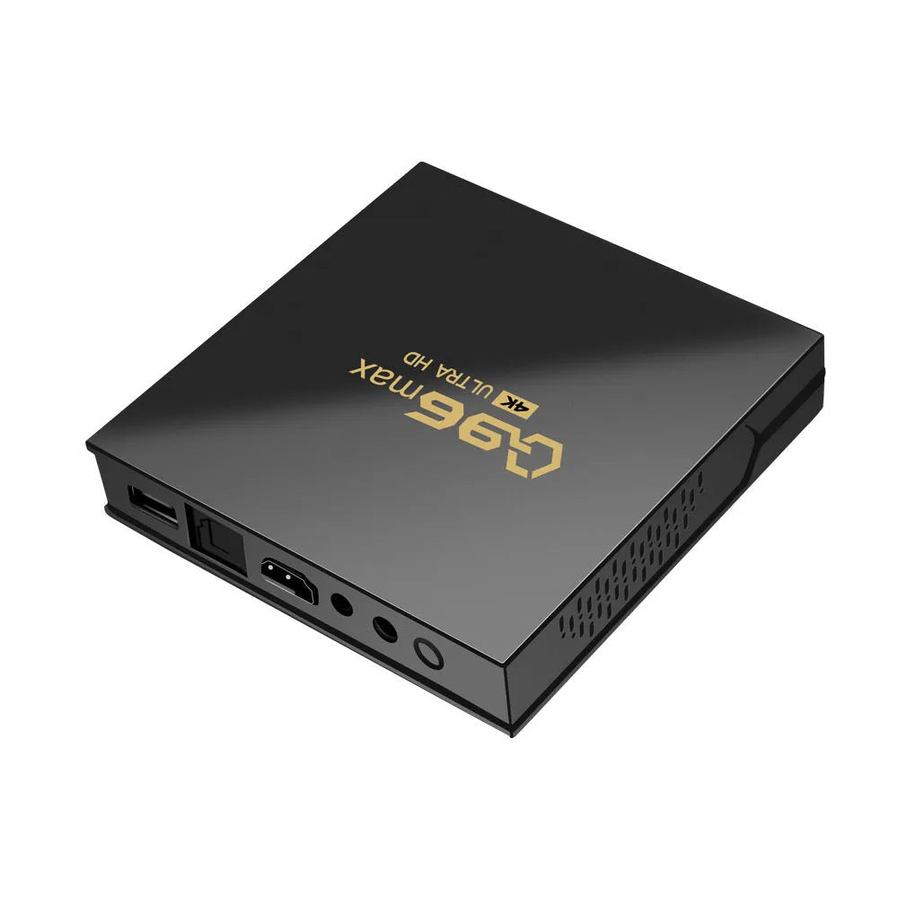 Q96 MAX Android TV box set-top box with remote control and HDMI cable for 4K streaming