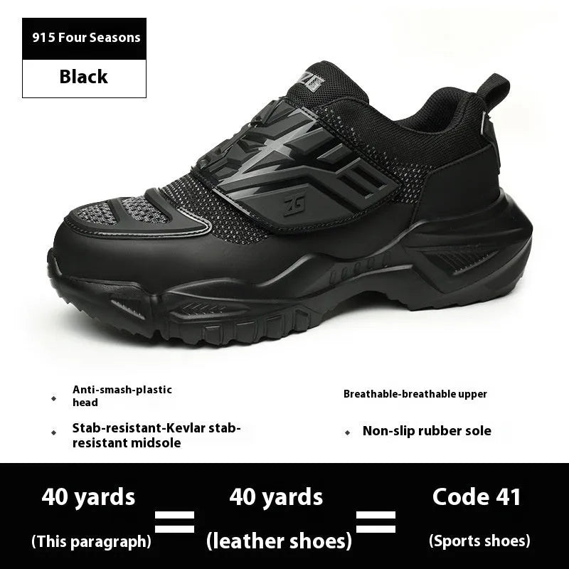 Black mens safety work shoes with steel toe cap and felt buckle closure