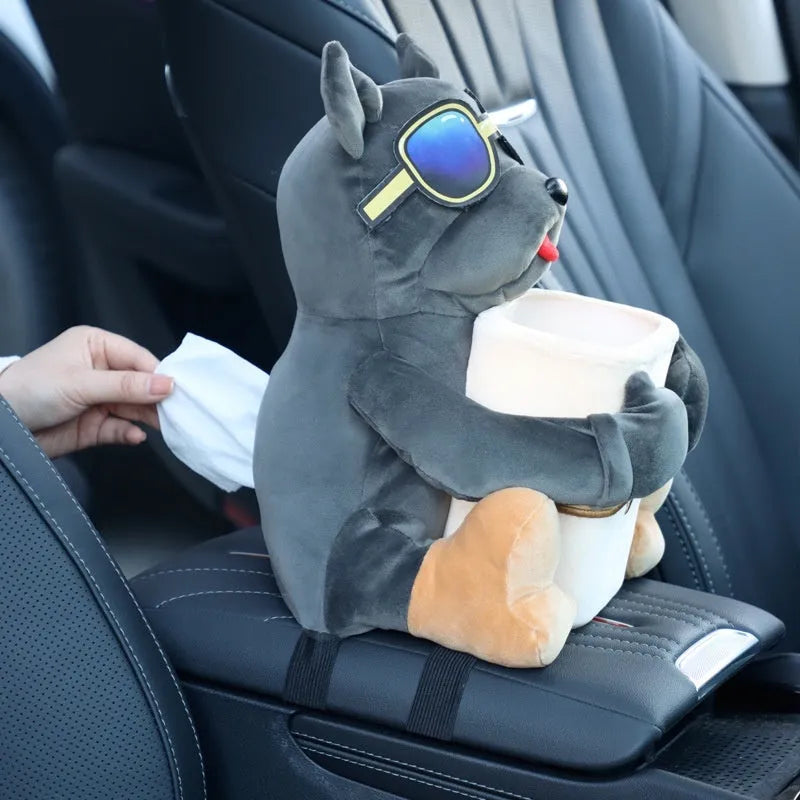 Plush car tissue box hanging from armrest showing 27x33cm dimensions and novelty dog design