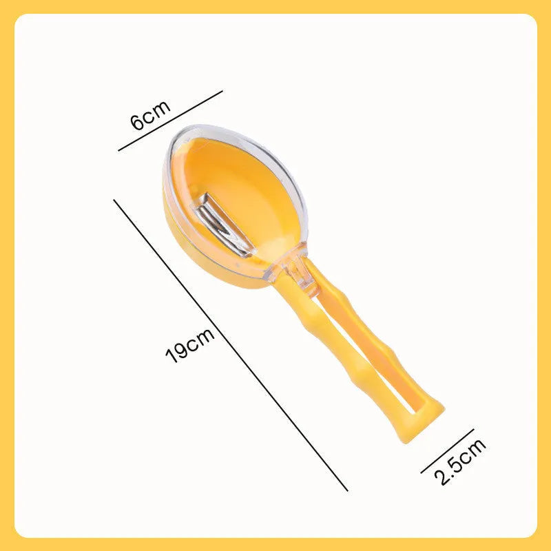Yellow peeling knife with a storage lid on a kitchen counter.