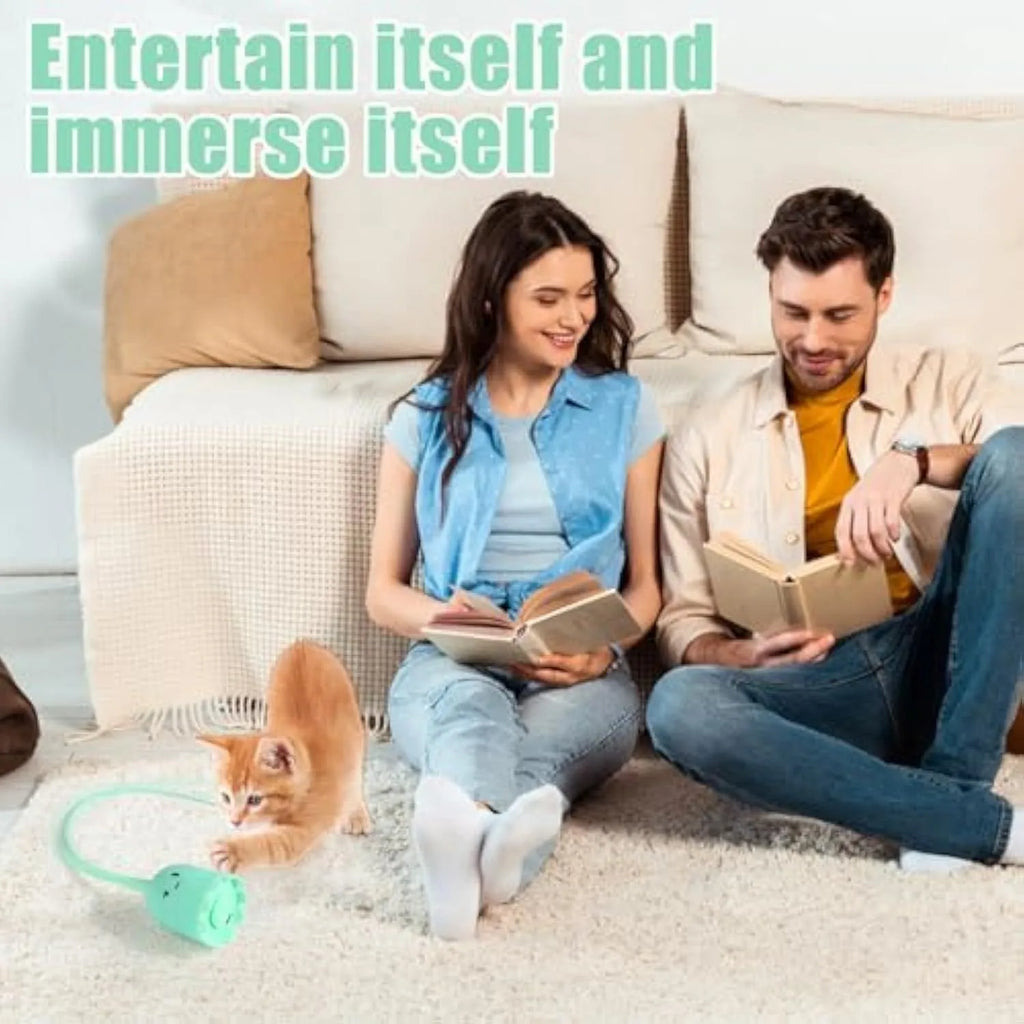 Green automatic cat wand toy with swinging silicone tails for indoor feline play