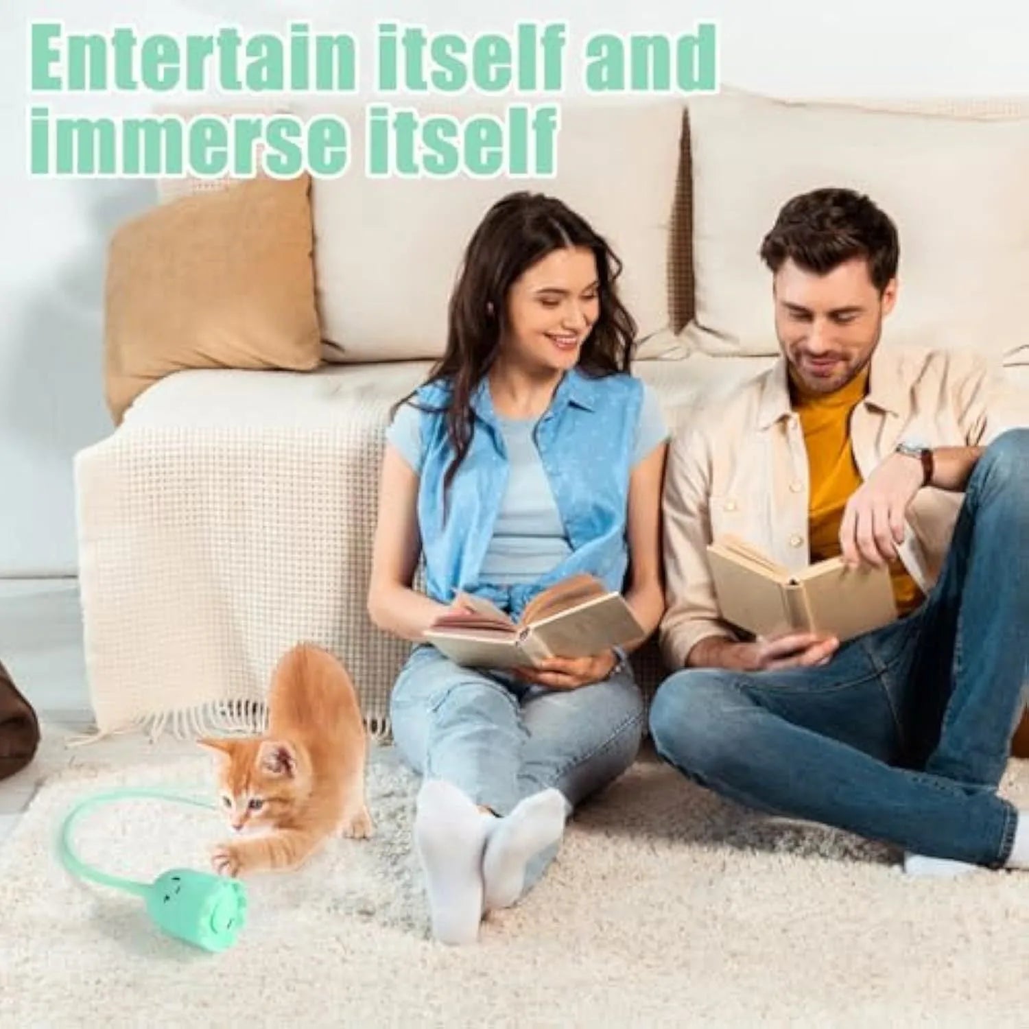 Green automatic cat wand toy with swinging silicone tails for indoor feline play