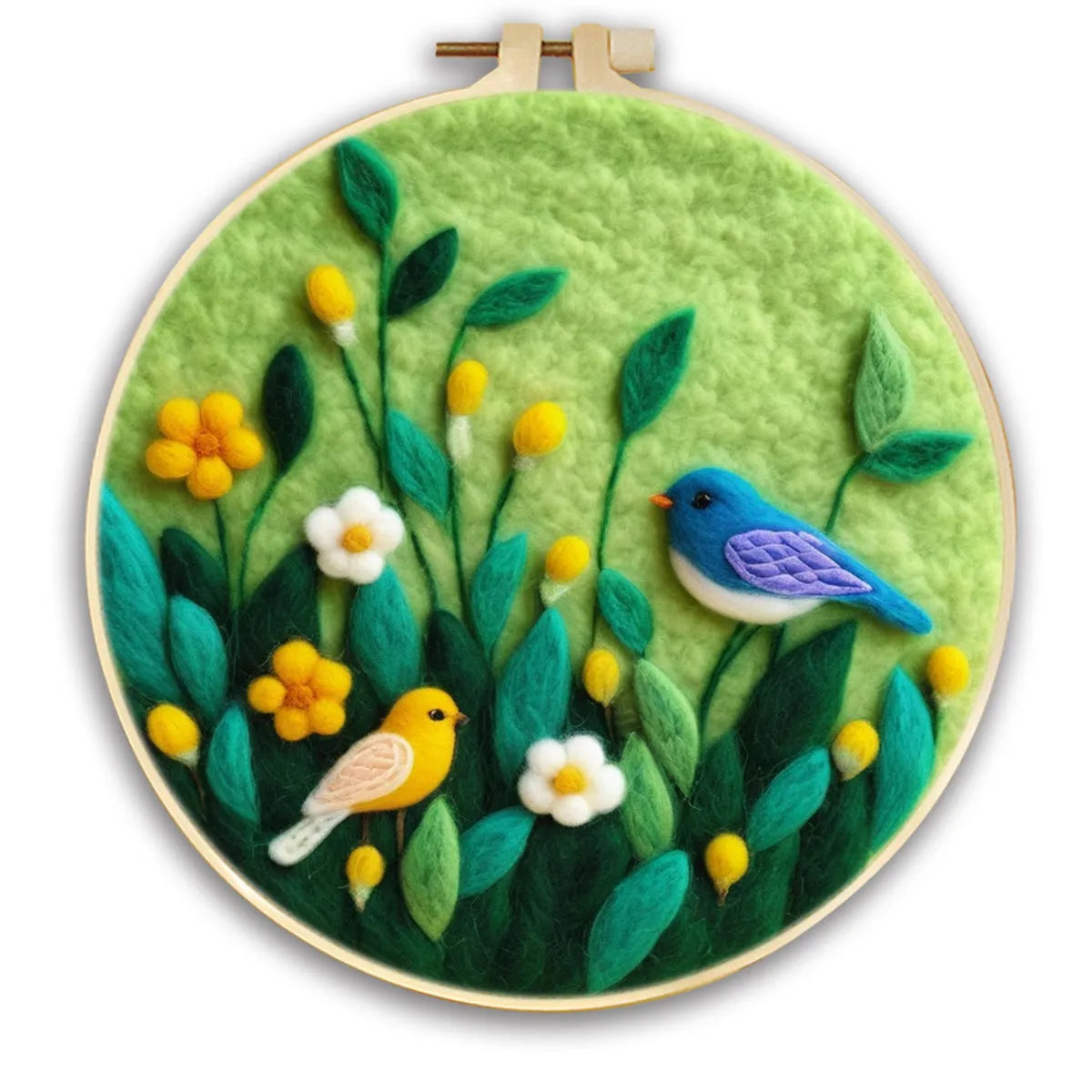 Round linen embroidery frame with wool felt floral decoration kit for three-dimensional wall art
