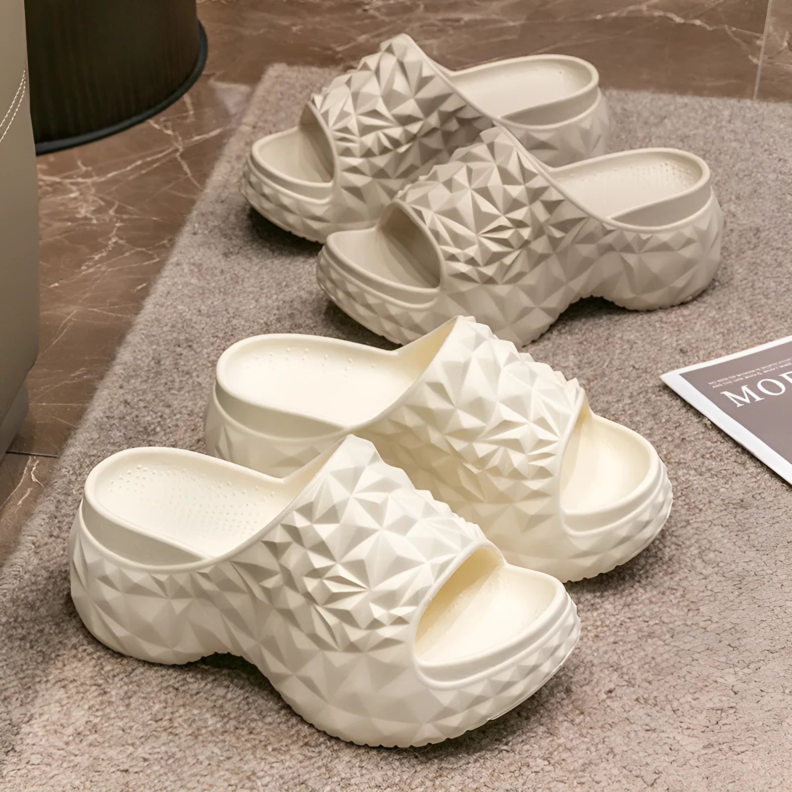 Women's khaki high heel Eva flip flop slippers with a thick sole on a white background.