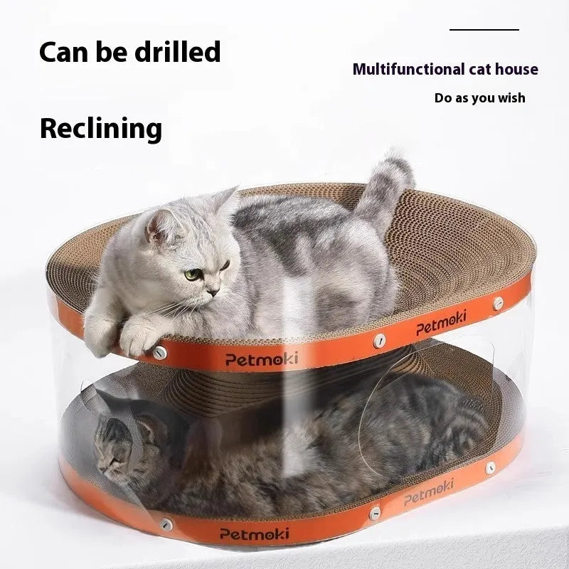 White and transparent PVC cat tunnel attached to a corrugated cardboard scratch board, measuring 58cm long.