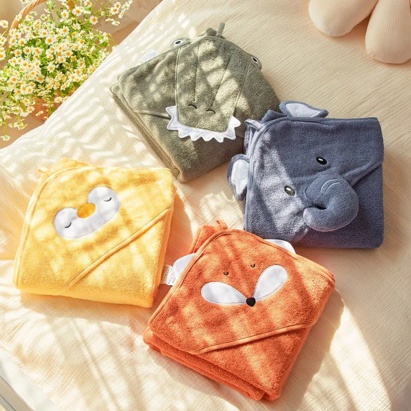 Children's pure cotton hooded pullover bathrobe in Penguin, Elephant, or Fox design, length 63cm.