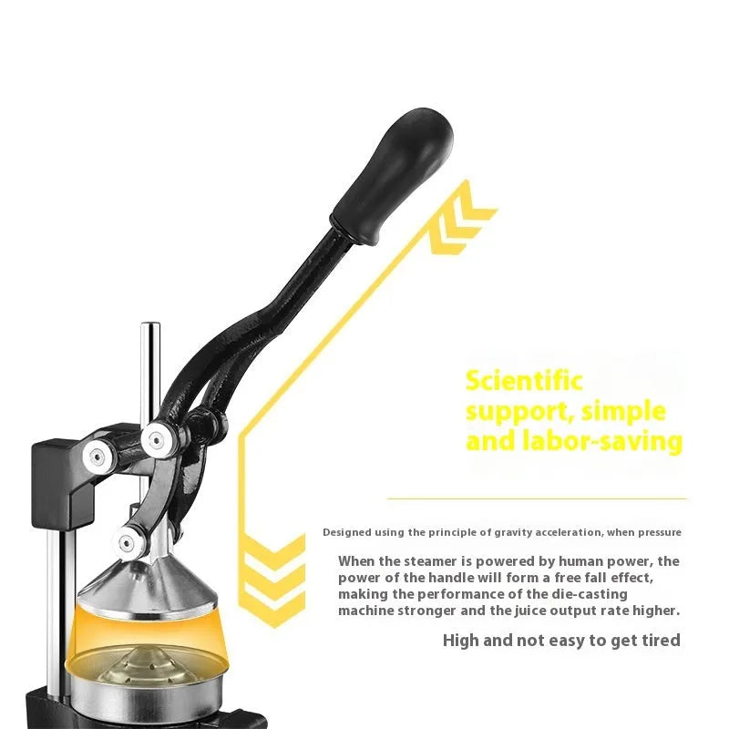 A tall black cast iron manual citrus juicer with a stainless steel strainer on a kitchen counter.