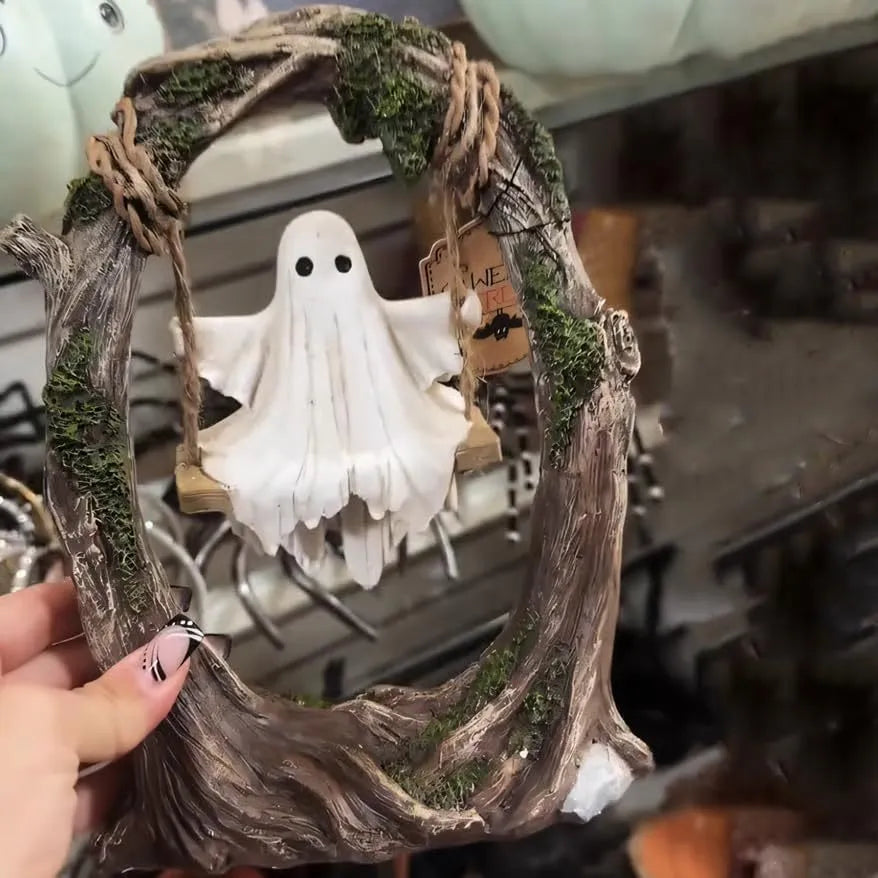 Halloween swing ghost decoration in resin showing two style options with modern art design