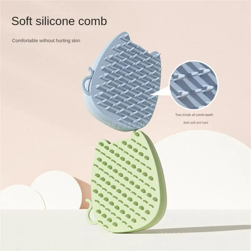 Brown silicone pet grooming brush with dual-texture comb teeth on a white background.