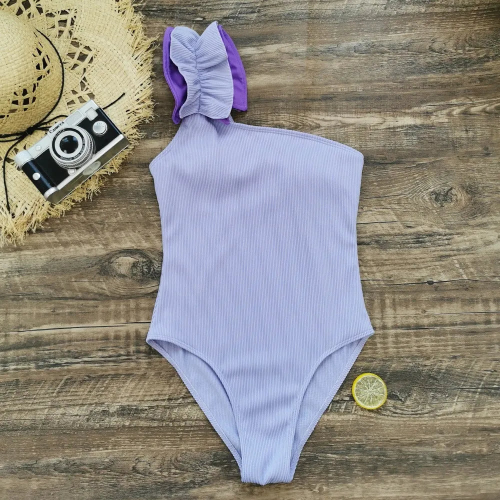 Women's single-shoulder suspender tube top high-waist one-piece swimsuit in solid colour