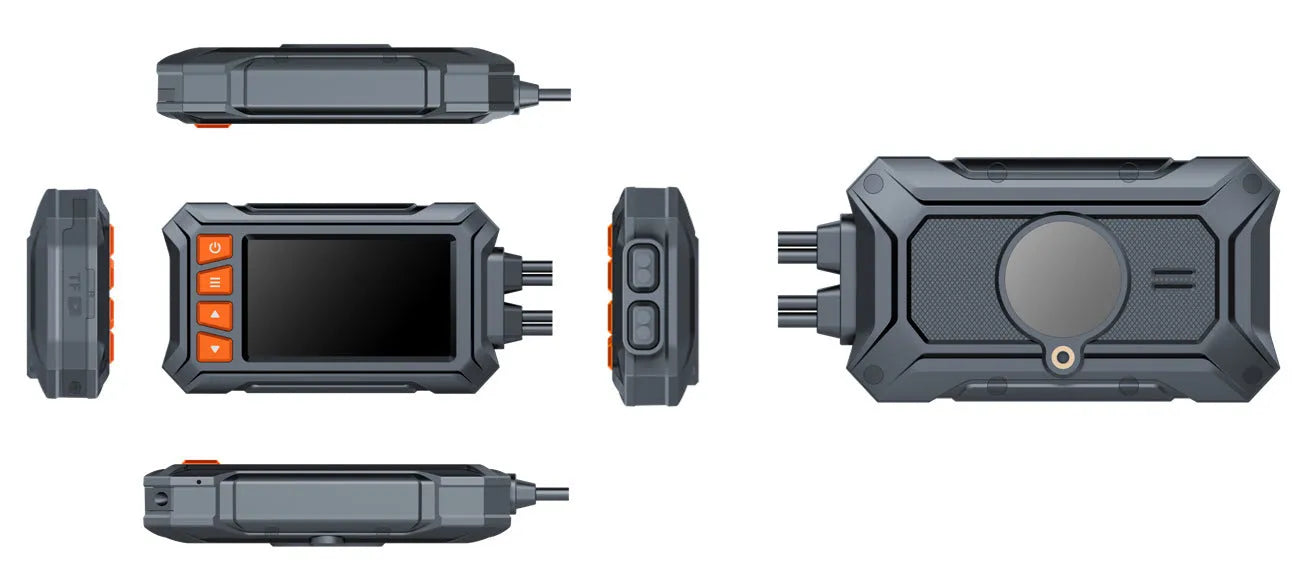 Motorcycle dash camera unit with front and rear lenses, GPS module, and 3-inch display screen.