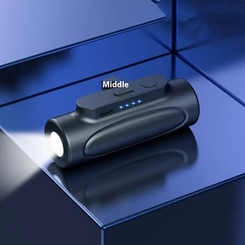 Black Creative Power Bank Glare Flashlight showing USB-C port and LED torch, dimensions 83x27x41mm.