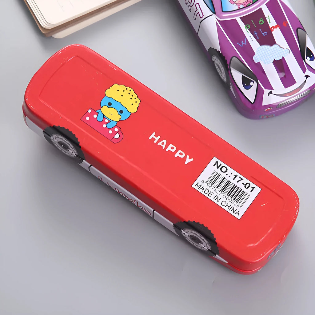 Red and blue cartoon race car design metal pencil case with double-layer trolley shape, shown with pens inside.