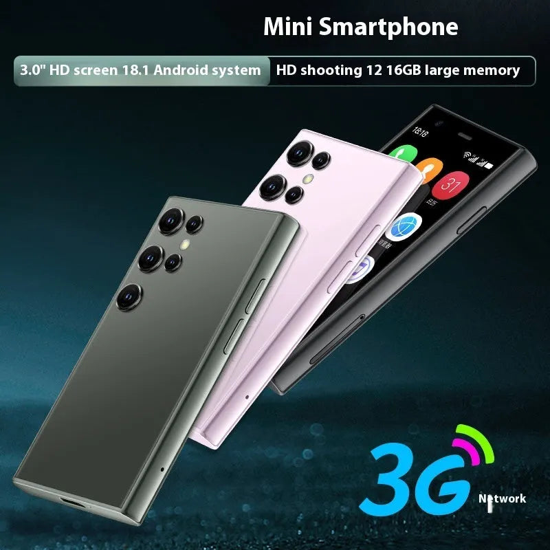 S23PRO & XS15 black mini smartphone with 3-inch screen shown front-on