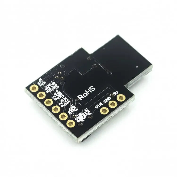 Black Micro USB Development Board with USB port, power LED, and 6 I/O pins on a green PCB