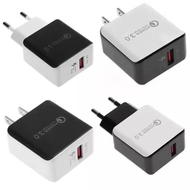 QC30 5V3A USB charger head with bare metal finish, black American standard plug, single USB port