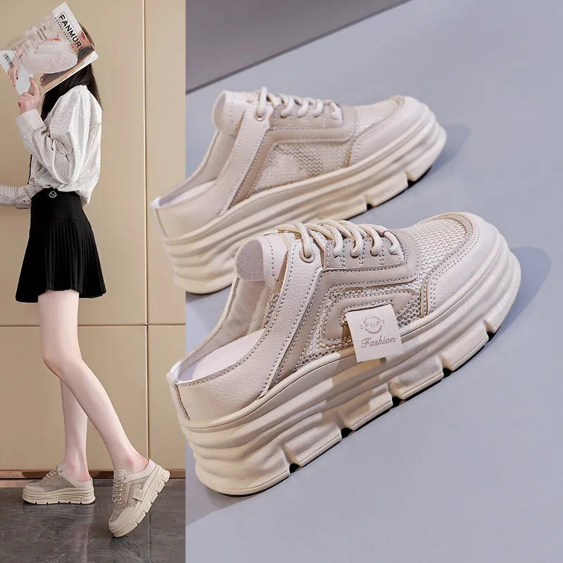 Women's mesh half slippers with breathable upper, round toe design, and height increasing insole in black, khaki, or white