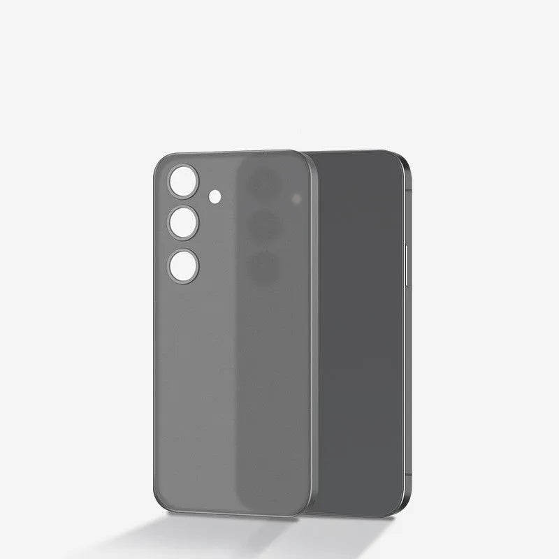 Ultra-thin transparent PC phone case for Samsung with frosted finish, heat dissipation, and bracket in white or black.