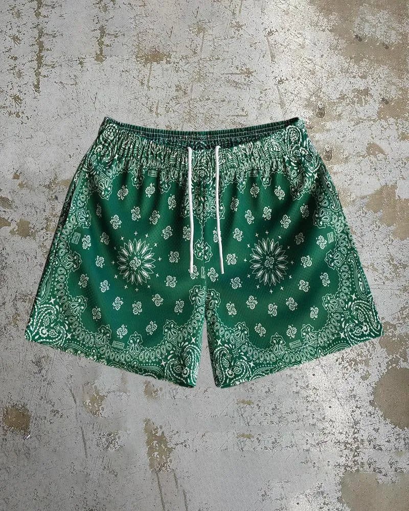 Men's loose fit beach shorts with digital print pattern in milk silk polyester fabric
