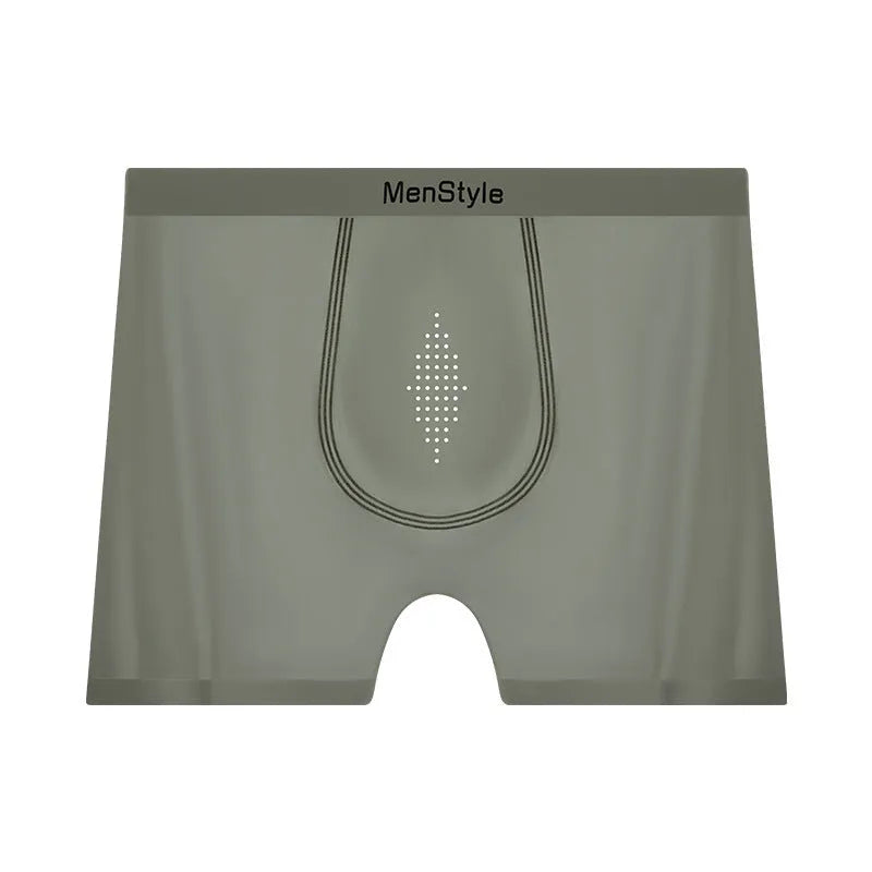 Men's seamless satin ice silk nylon boxers in mid waist cut, showing single-layer crotch detail.