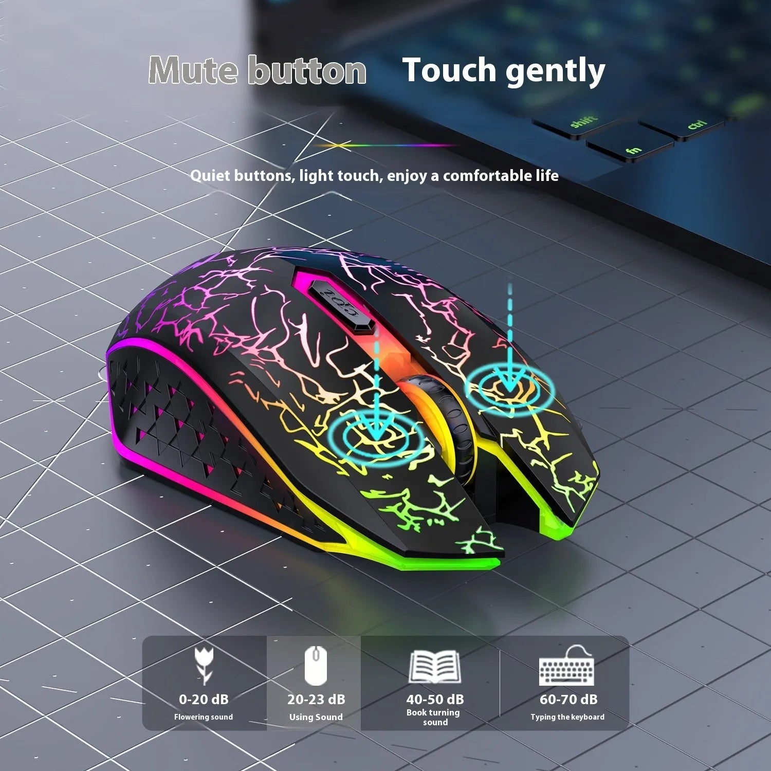 Black and white wireless gaming mouse with RGB lighting on desk with charging cable
