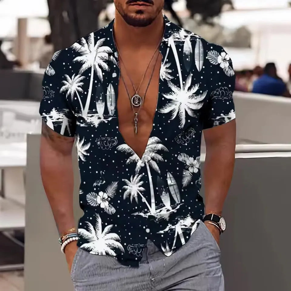 Man wearing a loose-fit floral print short sleeve cardigan shirt in a summer setting.