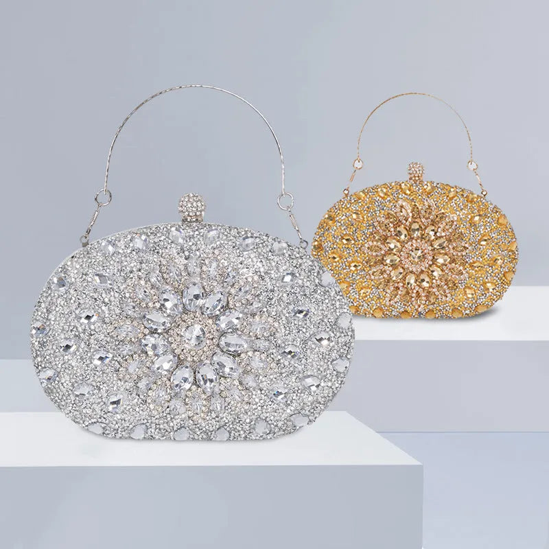 Gold hardware and rhinestone banquet handbag with structured retro design measuring 20cm wide