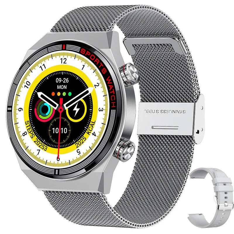 Black Bluetooth smartwatch with genuine leather strap and rotary key on a 1.3-inch screen