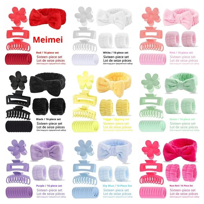 Bow washing face hair band 16-piece set with plaid pattern and wrist strap in 9 colour options