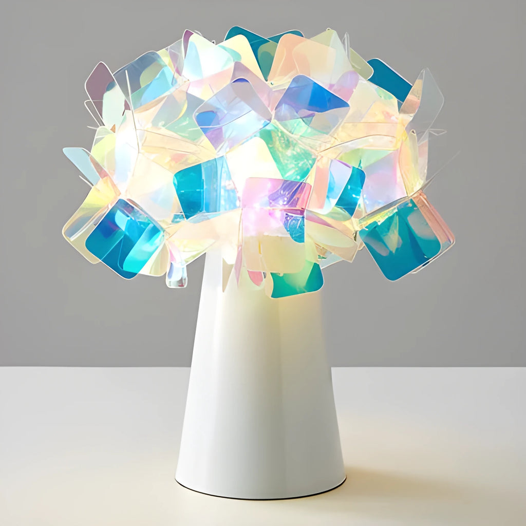 Nordic-style decorative table lamp with metal holder in black, showing warm, white, and neutral light settings.